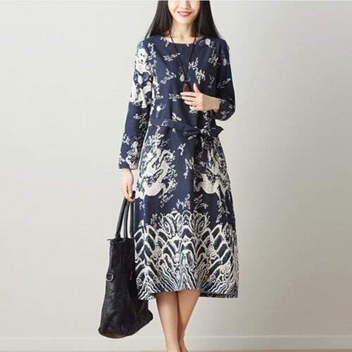 2021 New Arrival Long Sleeve Print Floral Vintage Chinese Style Autumn Dress Cotton Linen Bow Sashes Women Casual Spring Dress