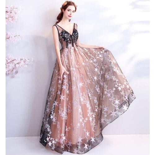 Stars Decoration V-neck evening dresses embroidery Illusion long Prom gown Junior girls birthday party dress vestido de festa