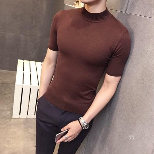 2020 Fashion Short-sleeve Sweater Mens Turtleneck Sweaters Brown Cardigan Mens British Style Basic Top Slim Fit Gentleman Sexy