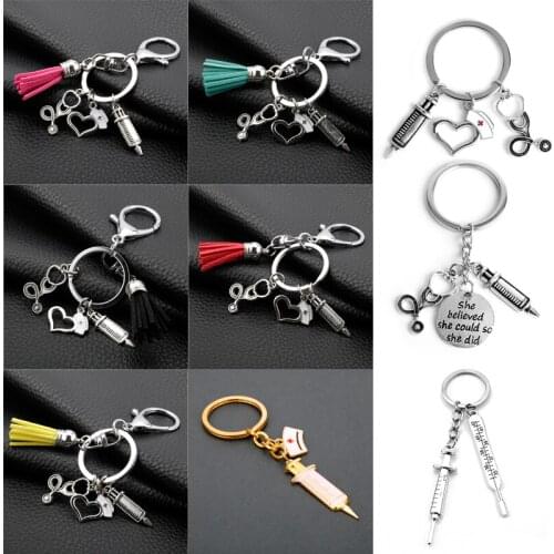Doctor Medical Tools Stethoscope Syringe Keychain Tassel Nurse Cap Keyrings Creative Trinket Keyfob Medical Student Souvenir