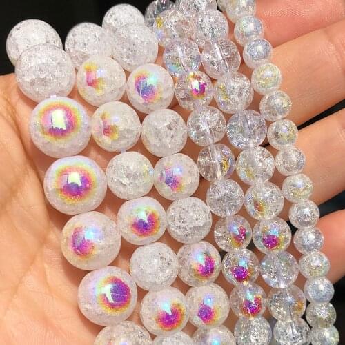 6 8 10 12mm AB Color Snow Cracked Crystal Beads Round Loose Spacer Beads for Jewelry Making DIY Bracelet Necklace 15''Inches