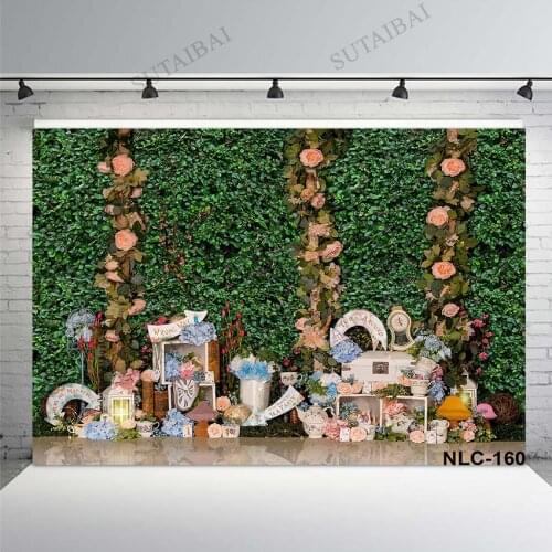 Tea Party Wonderland Backdrops Photography Photo Studio Flowers Green Leaves Wall Background Girls Birthday Party Decorations