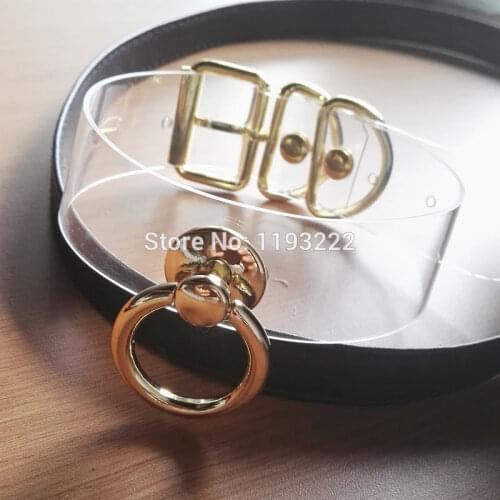 Designed Sexy Unique Choker Silver Gold Metal Hanging O Round BDSM Collar Clear PVC Vinyl Buckle Necklace Sub Fetish Collar