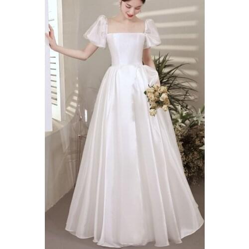 Elegant Simple A-Line Square Neck Satin Vintage Short Lantern Sleeve Backless Floor Length Wedding Gown Wedding Dress Bride