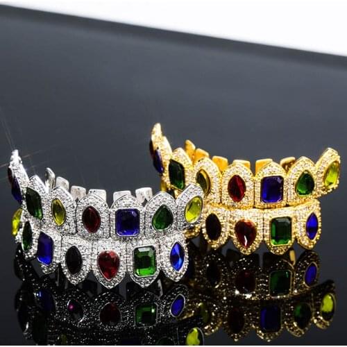 Hip Hop Multicolor CZ Stone Paved Bling Iced Out Flat Teeth Grillzs Top Bottom Set Dental Grills Men Rapper Cosplay Jewelry Gift