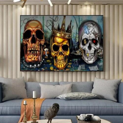 Skeleton Skull Canvas Poster Wall Decor Horror Pictures for Living Room Frameless Gold Abstract Paintings for Interior