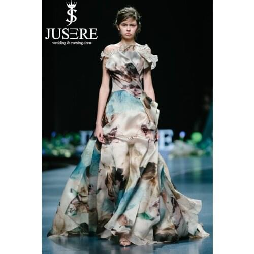 JUSERE 2019 SS FASHION SHOW A-Line Strapless Embroidery Long Evening Dress Court Train Formal Party Gowns Robe De Soiree