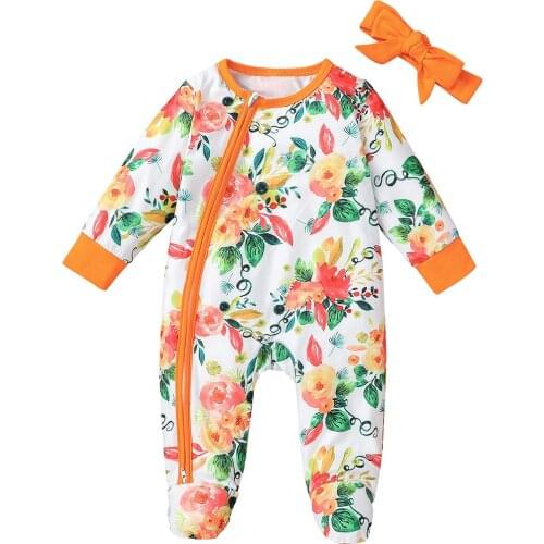 2Pcs Newborn Baby Girls Boys Floral Print Zipper Romper Long Sleeve O Neck Footwear Autumn Jumpsuits Rompers Bow Headband 0-12M