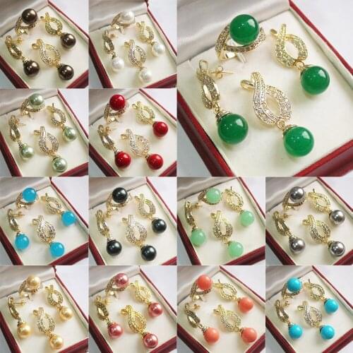 12Mm Shell Pearl Jewelry Set Green Red White Pearls Crystal Zircon Necklace Pendant Earrings Ring Sets Rhinestone Fashion Gifts