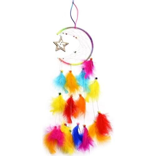 Colorful Feather Pendant Dream Catcher Moon Star Design Woven Wall Hanging Decor Handmade Antique Exquisite Bedroom Living 449E