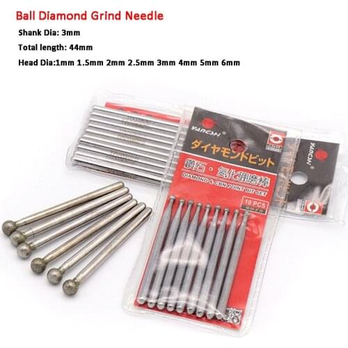 3mm Shank Round Ball Diamond Grind Needle Head Cutter Jade Carve Rotary Spherical Burr Carving Tools