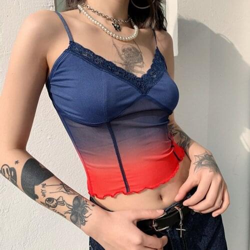 Meqeiss Summer Ladies Sexy V-neck Camis Womens Top Lace Tank Top 2021 Patchwork Gradient Color See through Vest Clubwear Female