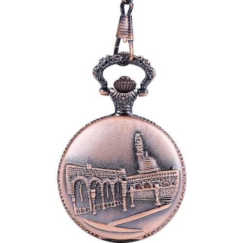 Trend retro ancient red castle building quartz pocket watch accessories with necklace