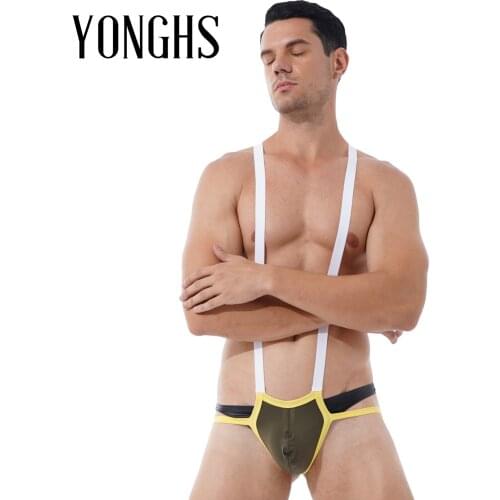 Gay Mens Lingerie Wrestling Singlet Bodysuit Bulge Pouch Jockstrap Leotard Hollow Out Fishnet Patchwork Back Bodysuit Underwear