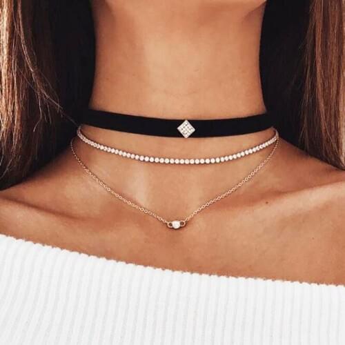 Harajuku Black Suede Velvet Leather Rhinestone Choker Necklace Women Geometric Chocker Colar Clavicle Necklaces Jewelry YN158