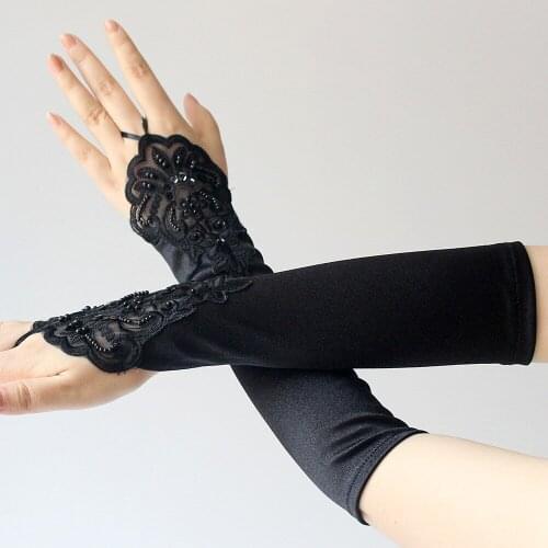 HONGFUYU Womens Elbow Length Gloves Sexy Black Long Satin Fingerless Gloves For Weddings Girls Gloves Bridal Party Accessories