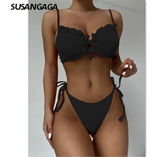 Sexy Bikinis Womens Swimsuit 2021 Ruffles Swimwear Push Up Biquini Ribbed Bathing Suits Micro Bikini Thong Set Beachwear New