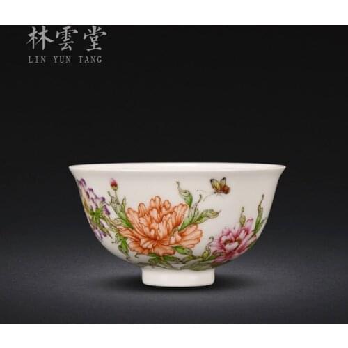 Lin Yuntangs hand painted peony: Enamel Master Cup single cup Jingdezhen handmade ceramic kungfu tea cup