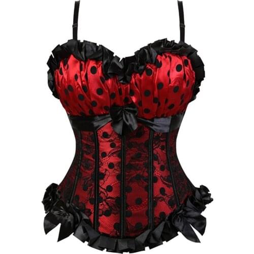 Sexy Womens Polka Dot Boned Lace up Corset Top Spaghetti Strap Bustiers Zip up Side Overbust Lingerie Plus Size S-6XL
