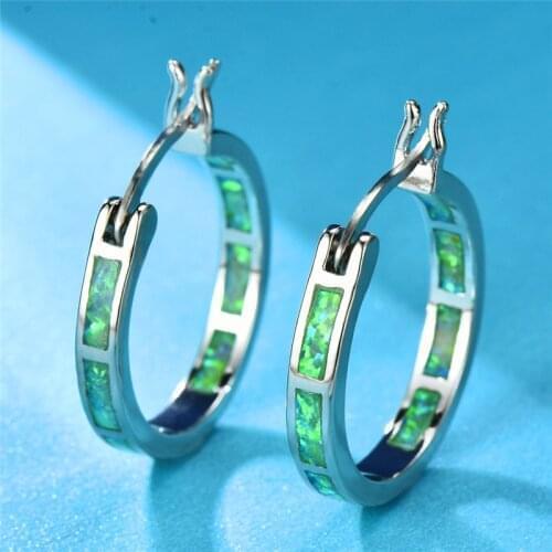 Minimalist Style Green Blue White Fire Opal Earrings For Women Men 925 Silver Filled Round Circle Hoop Earrings Female Jewelry
