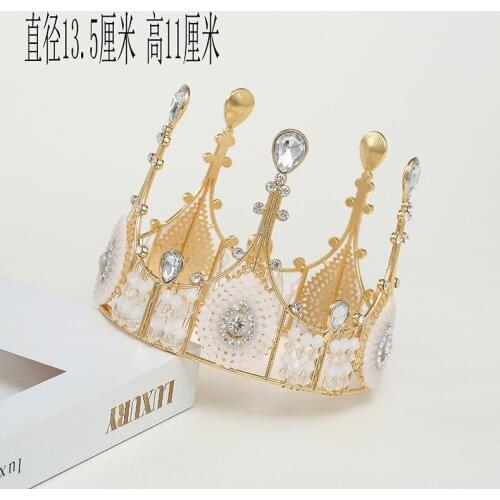 Bridal Crown Headdress Baroque Crystal Pearl Crown Gold Round Crown Queen Tiara Crown Party Wedding Cake Topper Decor