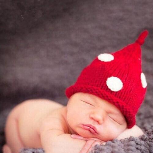 Crochet Newborn Photography Prop Baby Hat Handmade Knitted Infant Mushroom Beanie Cap Dotted Bonnet 3 Colors