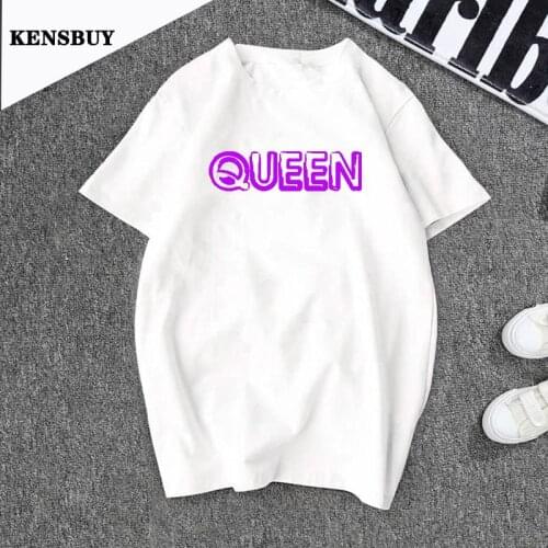 Womens Queen Print T-shirt Ladies Letter Top Short Sleeve Fashion O-neck t shirt Cotton Women T Shirt