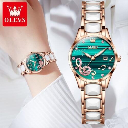 OLEVS 2021 Ultra-Thin Ladies Luxury Ceramic Watch Green Dial Quartz Waterproof Simple Temperament Ladies Female Watch Clock 3605