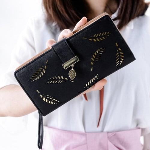 BRACCIO Womens Long Wallet PU Leather Gold Hollow Leaves Three Fold Ladies' Card Money Cellphone Clutch Bag Female Sweet Purse