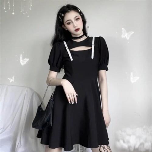 Lady Buckle Strap Pleated Dresses Short Sleeve Slim Goth Rock Hipster Party Streetwear Black Gothic Women Hollow Out Dress 2021