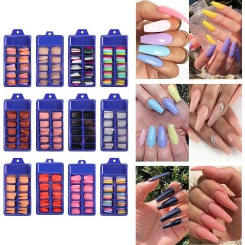 100PCS Detachable False Long Coffin Fake Nails Rainbow Ballerina Full Nail Art Tips Set Manicure Tools Accessories