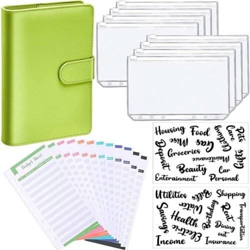 A6 PU Leather Notebook Binder Budget Planning Notepad 6 Ring Binder Covers, 8 Binder Pockets,for Bill Planning