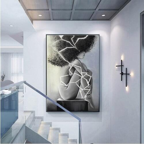 Abstract Lonely Girl Portrait Print and Posters Black and White Wall Art Canvas Paintings Decorative Pictures for Living Room