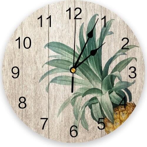 Pineapple Fruit On Vintage Wooden Board Round Wall Clock Creative Home Decor Living Room Quartz Needle Wall Clocks Hanging Watch