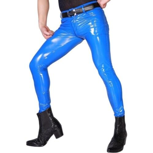 Sexy Men High Elastic Blue PVC Shiny Pencil Pants Tight Faux Leather Zipper Front Fashion Glossy Punk Pencil Pants Gay Wear F123