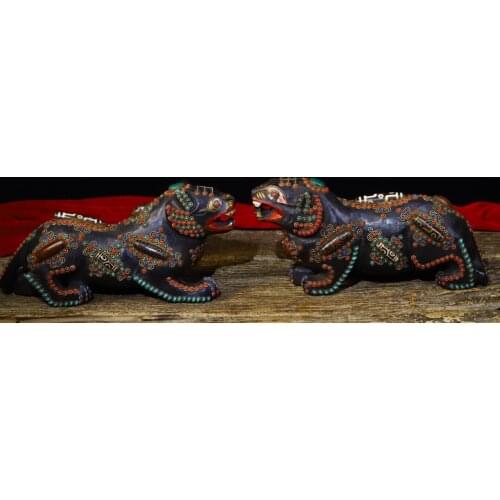 11"Tibet temple Old Natural meteorite Filigree Gem Dzi Bead Tiger statue A pair Town House Exorcism Ward off evil spirits