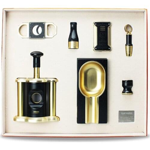 Guevera Cigar Lighter and Cutter Como Cigar Accessories Set Gas Lighters Sharp Cigar Cutter Tube Ashtray Set with Gift Box