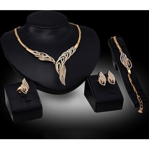 Wedding Bridal Party Wavy Rhinestone Jewelry Set Choker Necklace Bracelet Ring Earrings Set Women Stainless Steel Jewelry