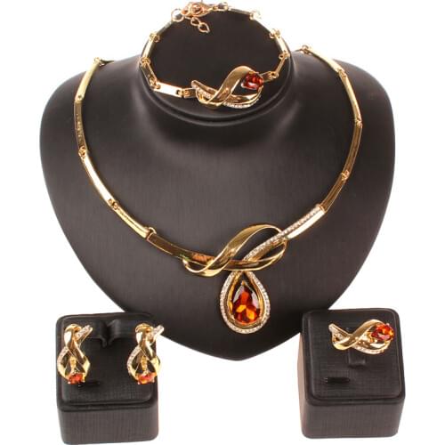 African Beads Fine Jewelry Set Gold Color Champagne Clear Austrian Crystal Women Wedding Necklace Bracelet Earring Ring