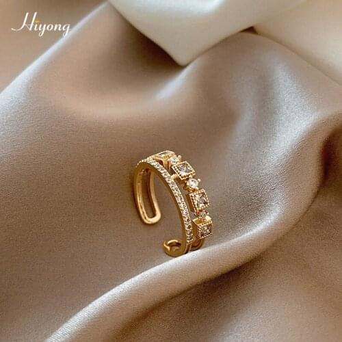 HIYONG Korean Fashion Opening Ring Luxury Zircon Double Layered Rings Exquisite Geometric Ring Wedding Party Girls Women Jewelry