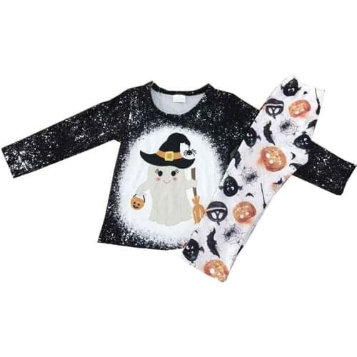 Hot selling fall girl clothes set black top baby halloween print clothing sets
