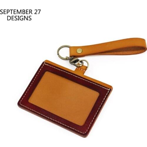 New Fashion Identity Badge Holder For Office Work Vegetable Tanned Leather Luxury Tag With Keychain Cowhide Bus ID Card Holders