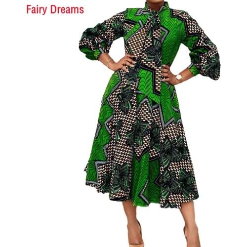 African Autumn New High-Waist Lace-Up Long Skirt Printed Dress European and American Plus Size Womens Clothing Vestito Vestir