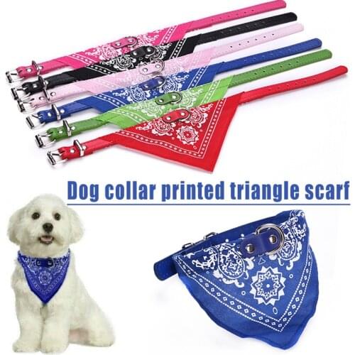 Dog Bandana Collar Adjustable Cat Pet Neckerchief PU Collar with Printed Triangular Scarf Adjustable Pet Bandana Collar MUMR999