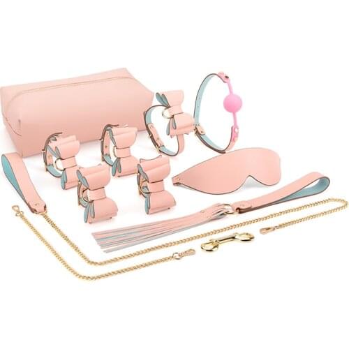 Pink PU Leather BDSM Kits Bondage Sex Toys for Couples Bow Tie Handcuff Ankle Cuffs Collar Bowknot Restraints Set Adult Games