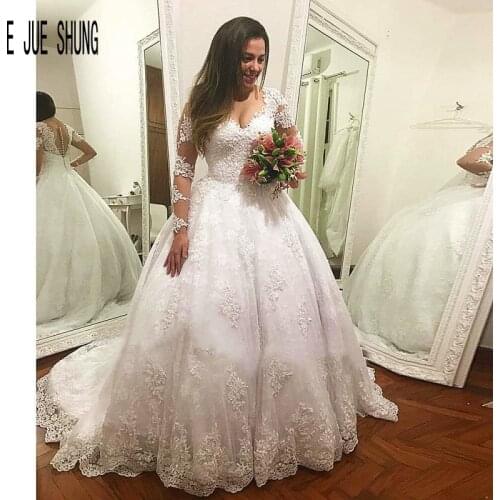 E JUE SHUNG Gorgeous Long Sleeves Wedding Dresses V Neck Lace Appliques Sweetheart Neck Lace Up Back Ball Gown Vestido De Noiva