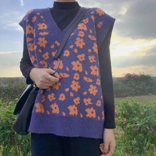 Spring western style loose V-neck sleeveless sweater new hit color casual all-match knitted printing pullover vest women