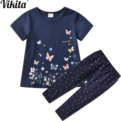 VIKITA Girls Clothing Sets Girl Cotton Clothing Butterfly Short Sleeve Top + Pencil Pants Kids Summer Suits Children Clothing