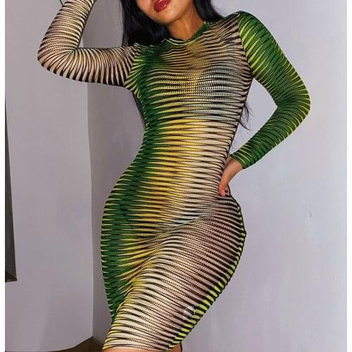 WJFZQM Grain printing Long Sleeve Bodycon Sexy Mini Dress Autumn Winter Women Fashion Streetwear Party Club Wear Green Dresses