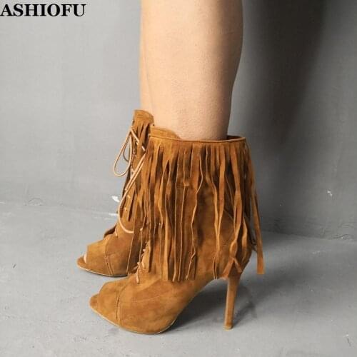 ASHIOFU New Handmade Ladies High Heel Boots Fringed&Tassel Peep-toe Autumn Ankle Boots Sexy Fashion Shopping Boots Shoes